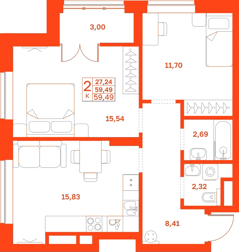 Планировка: 2-комнатная · 59,49 м²
