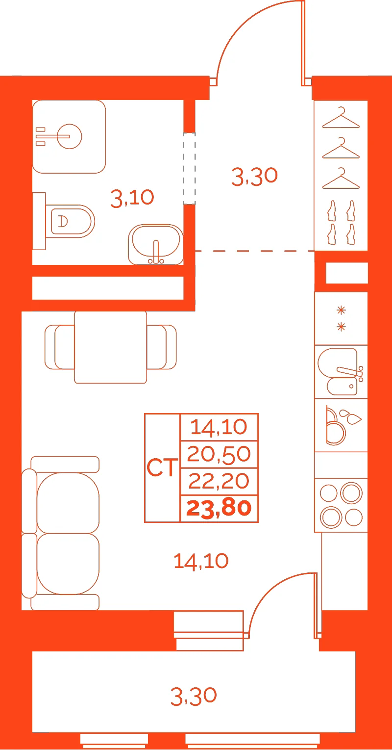 Планировка: Студия · 22,20 м²
