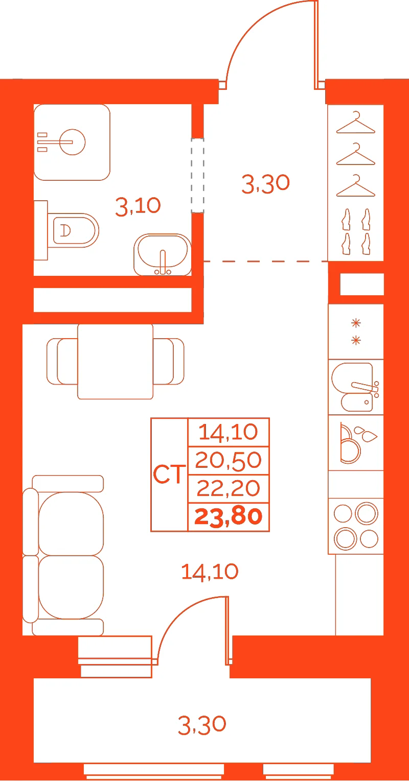 Планировка: Студия · 22,20 м²