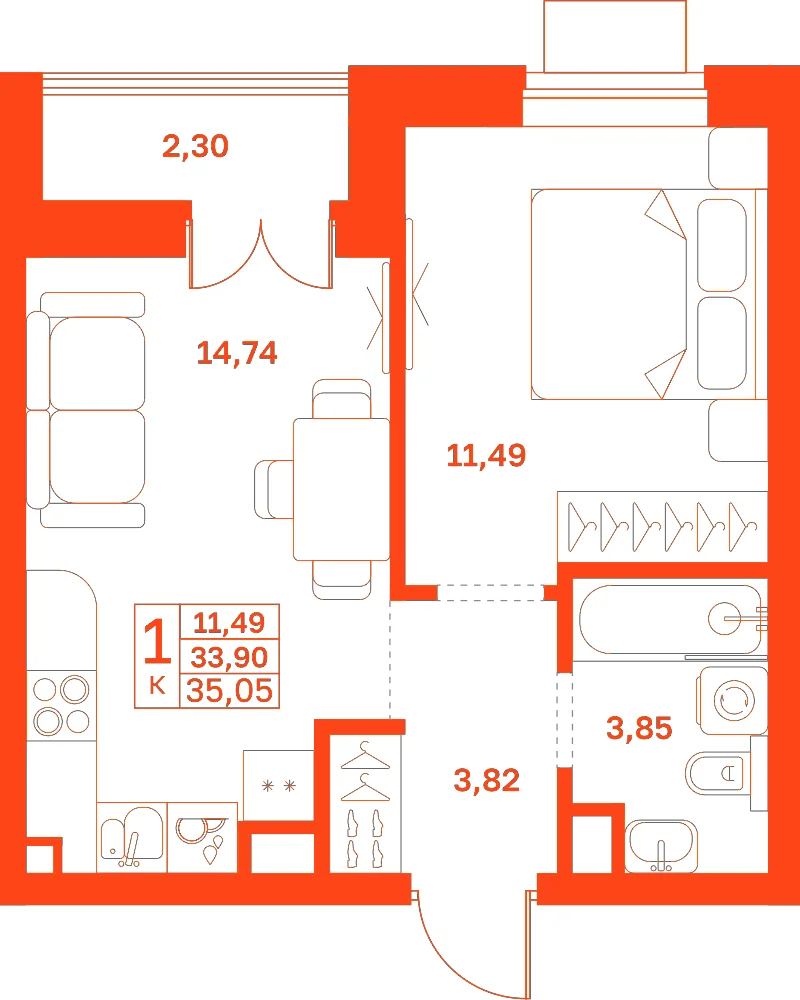 Планировка: 1-комнатная · 35,05 м²
