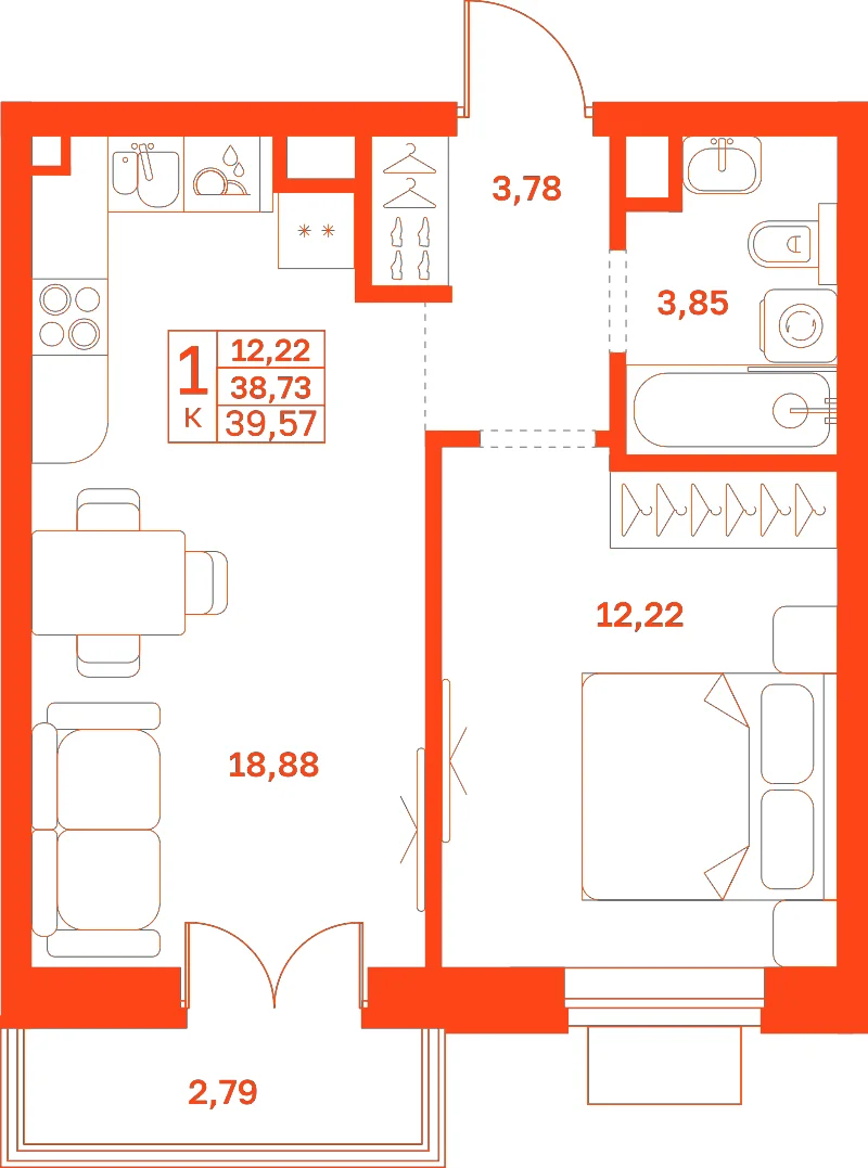 Планировка: 1-комнатная · 39,57 м²