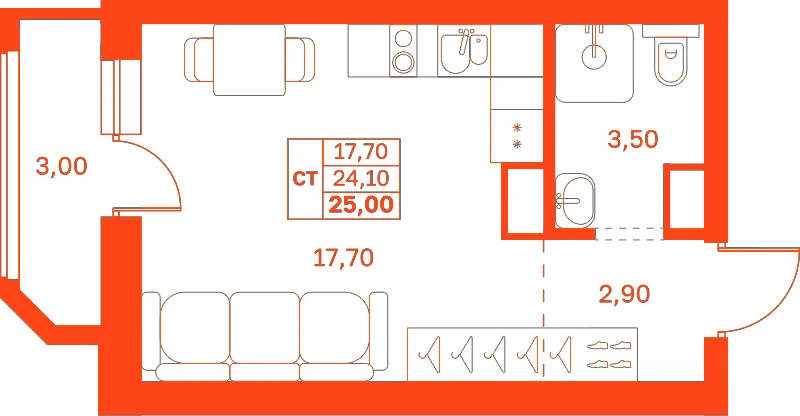 Планировка: Студия · 25,00 м²