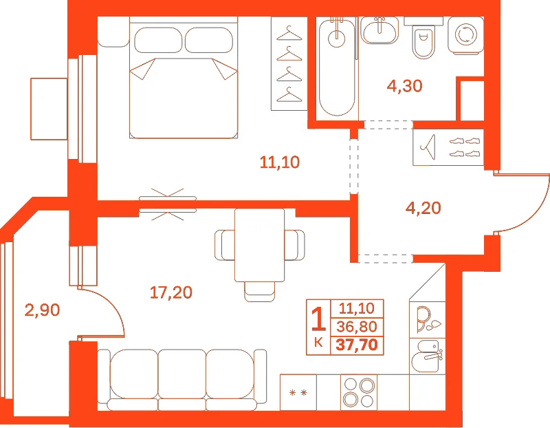 Планировка: 1-комнатная · 37,70 м²