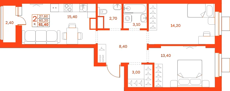 Планировка: 2-комнатная · 61,40 м²