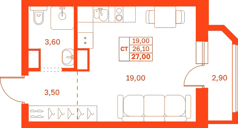 Планировка: Студия · 27,00 м²