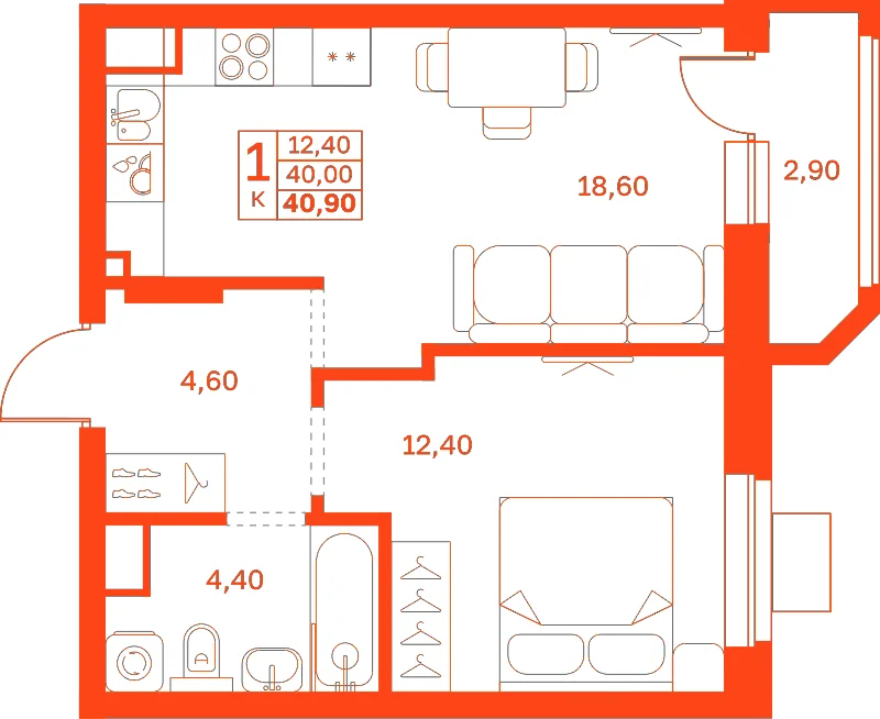 Планировка: 1-комнатная · 40,90 м²