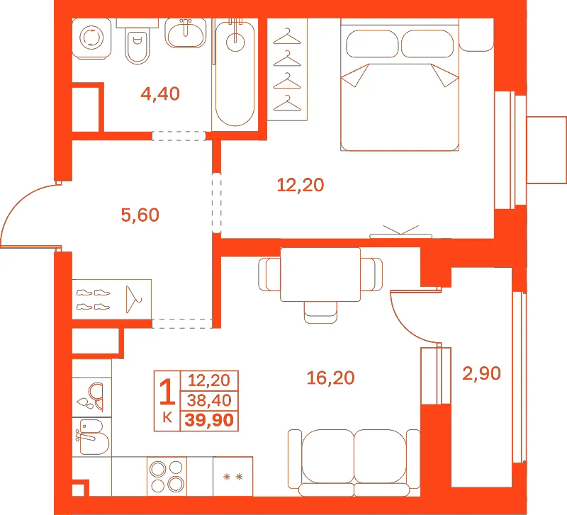 Планировка: 1-комнатная · 39,90 м²