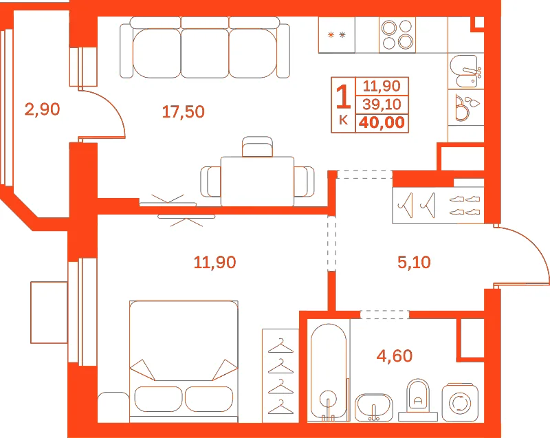 Планировка: 1-комнатная · 40,00 м²