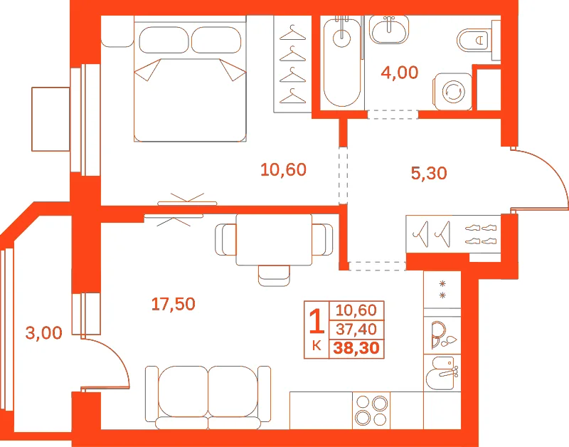 Планировка: 1-комнатная · 38,30 м²