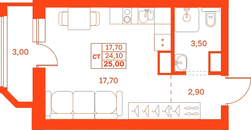 Планировка: Студия · 25,00 м²