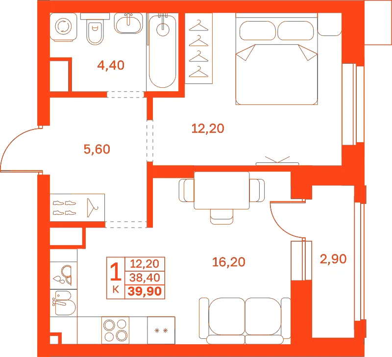 Планировка: 1-комнатная · 39,90 м²