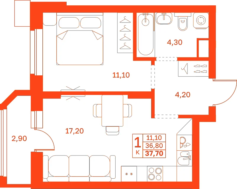 Планировка: 1-комнатная · 37,70 м²