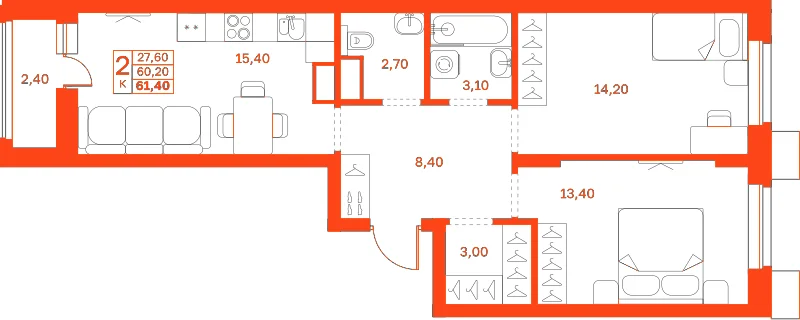 Планировка: 2-комнатная · 61,40 м²
