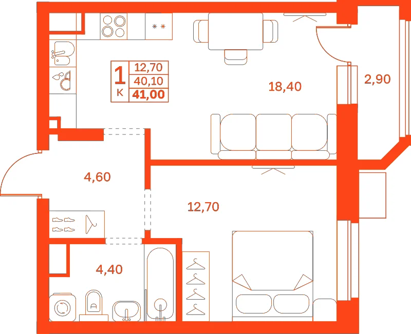 Планировка: 1-комнатная · 41,00 м²