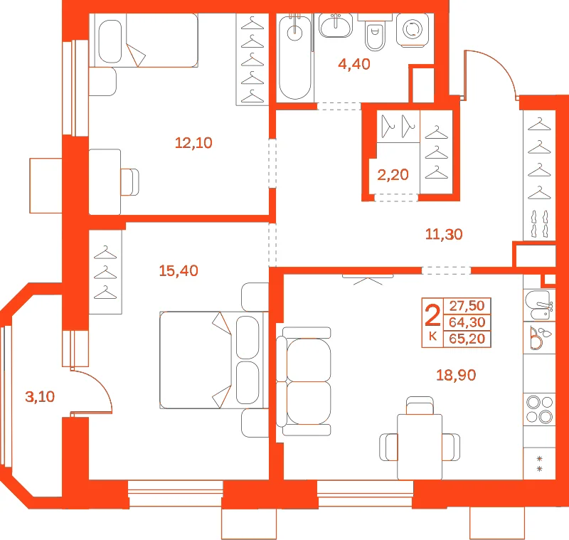 Планировка: 2-комнатная · 65,20 м²