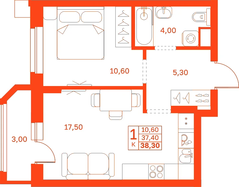Планировка: 1-комнатная · 38,30 м²