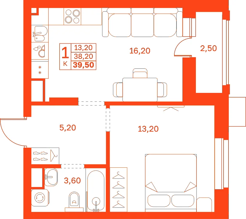 Планировка: 1-комнатная · 39,50 м²