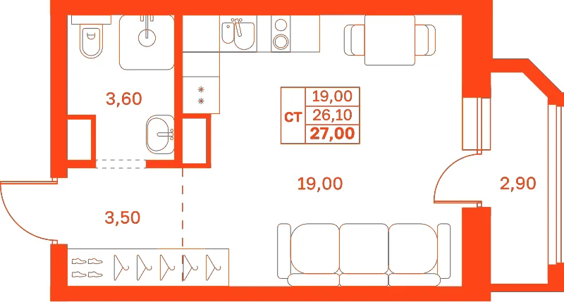 Планировка: Студия · 27,00 м²