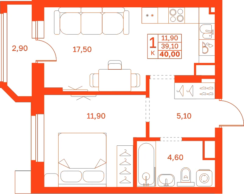 Планировка: 1-комнатная · 40,00 м²