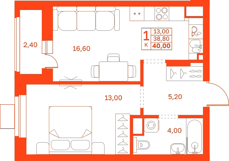 Планировка: 1-комнатная · 40,00 м²