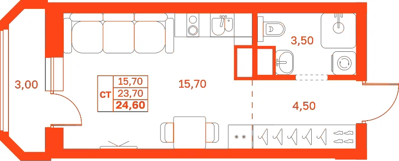 Планировка: Студия · 24,60 м²