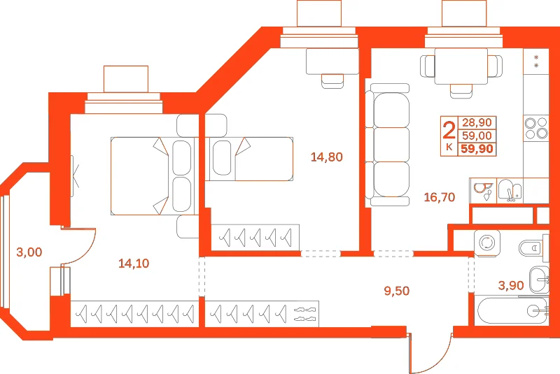 Планировка: 2-комнатная · 59,90 м²