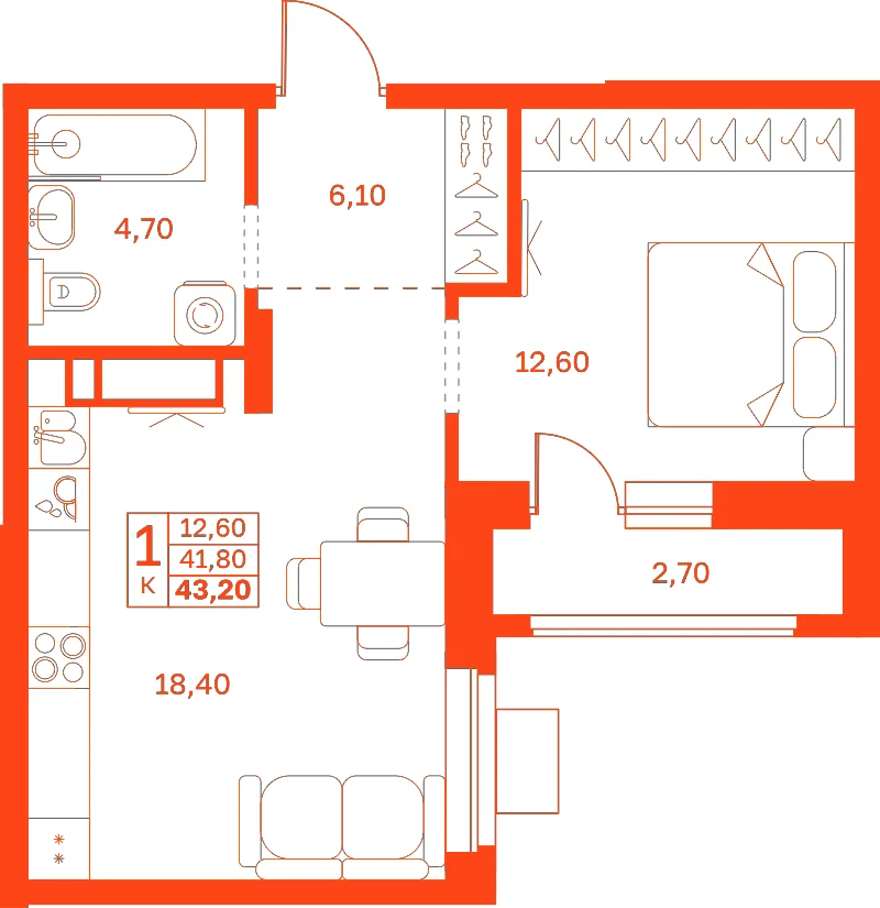 Планировка: 1-комнатная · 43,20 м²