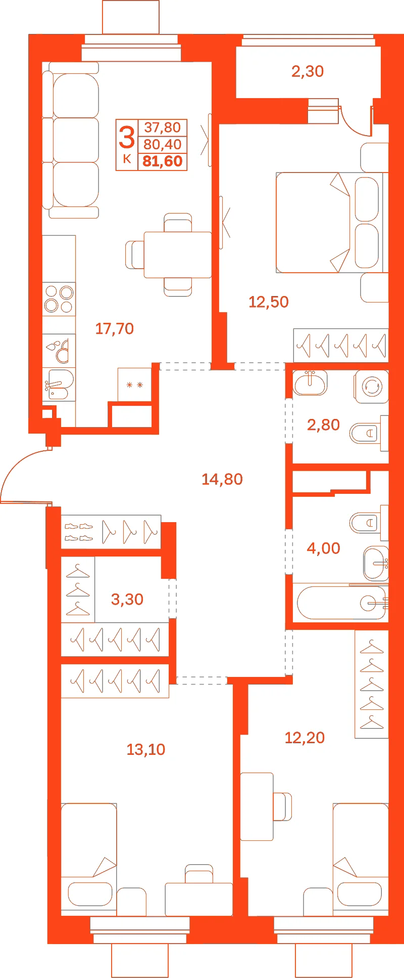 Планировка: 3-комнатная · 81,60 м²