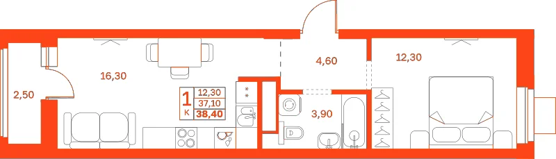 Планировка: 1-комнатная · 38,40 м²