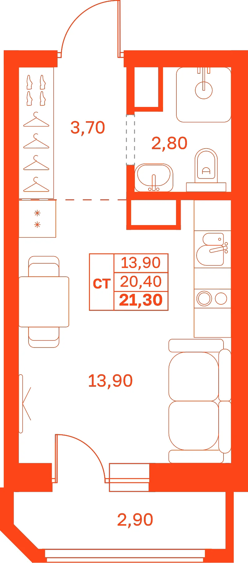 Планировка: Студия · 21,30 м²