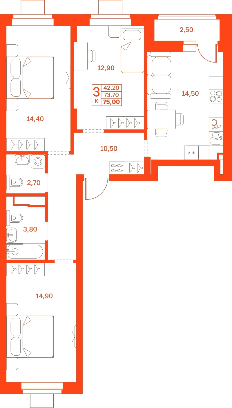Планировка: 3-комнатная · 75,00 м²