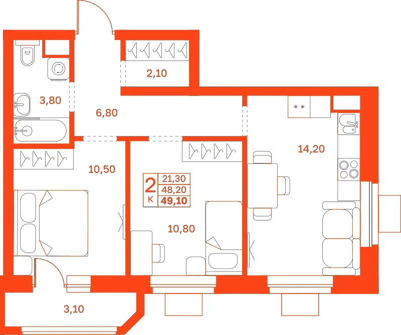 Планировка: 2-комнатная · 49,10 м²