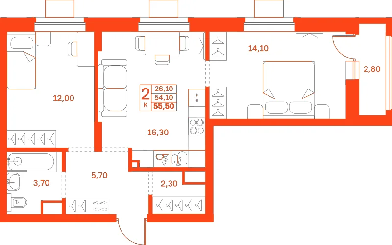 Планировка: 2-комнатная · 55,50 м²