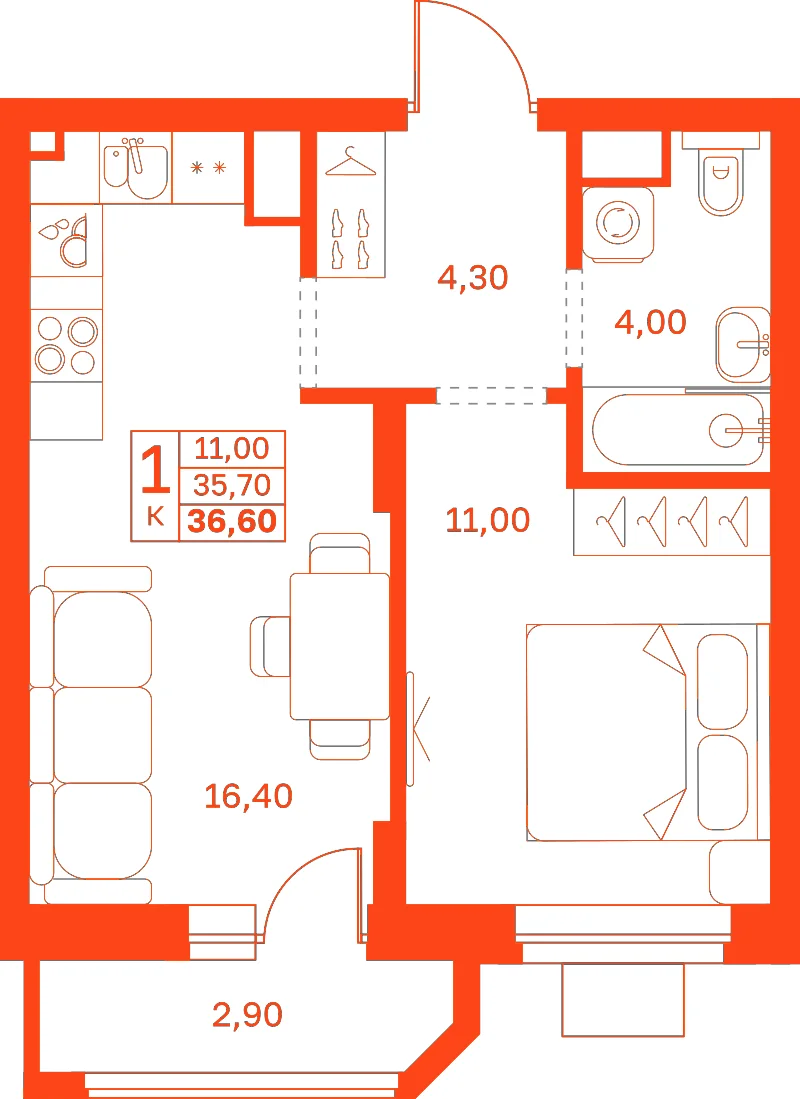 Планировка: 1-комнатная · 36,60 м²