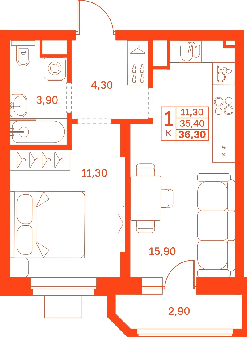 Планировка: 1-комнатная · 36,30 м²