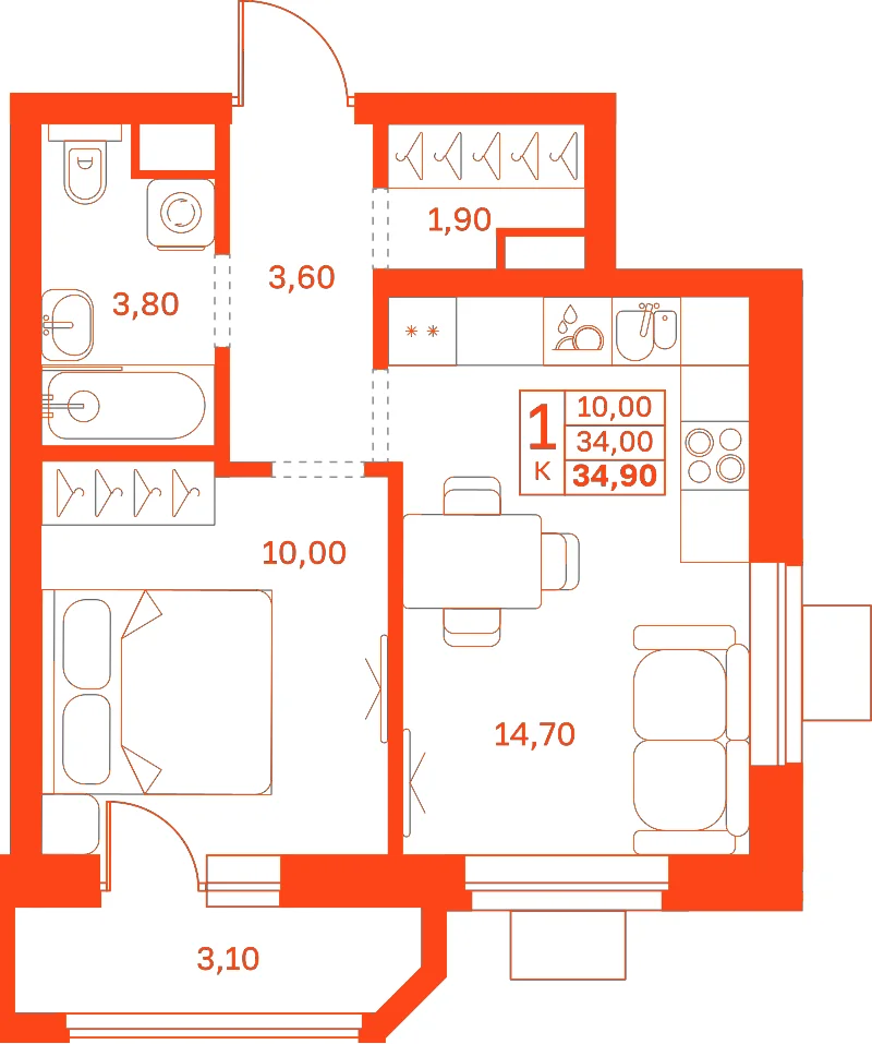 Планировка: 1-комнатная · 34,90 м²