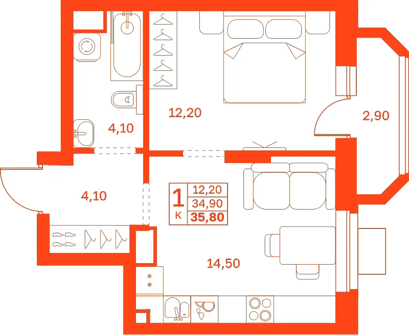 Планировка: 1-комнатная · 35,80 м²