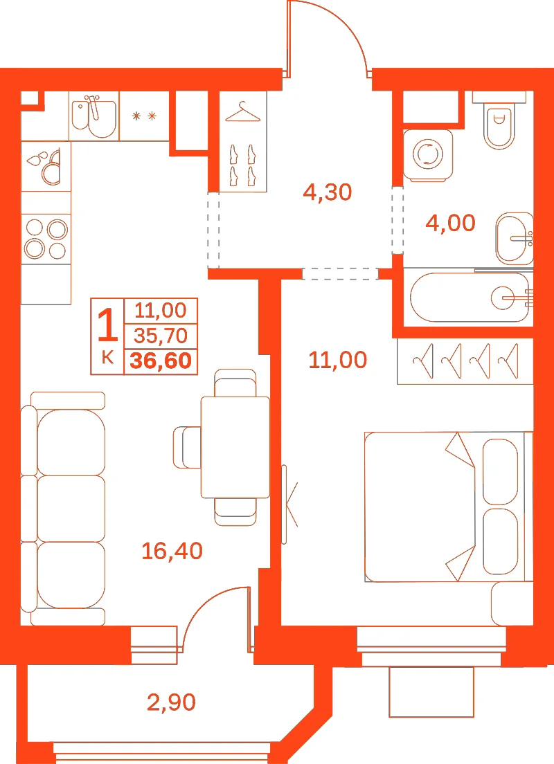 Планировка: 1-комнатная · 36,60 м²