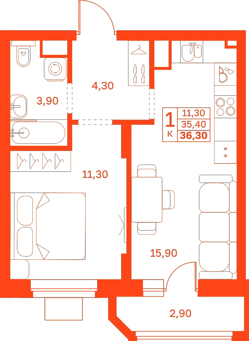 Планировка: 1-комнатная · 36,30 м²