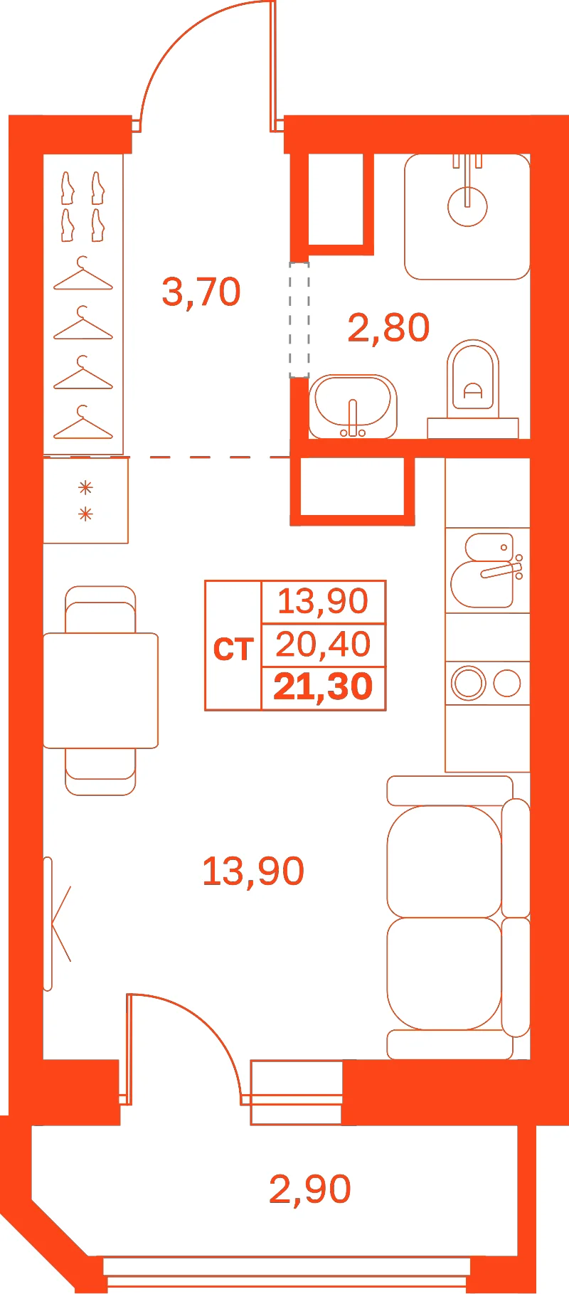 Планировка: Студия · 21,30 м²