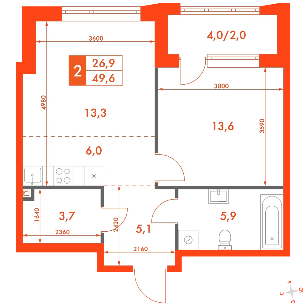 Планировка: 2-комнатная · 49,60 м²