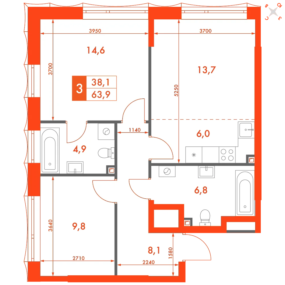 Планировка: 3-комнатная · 63,90 м²