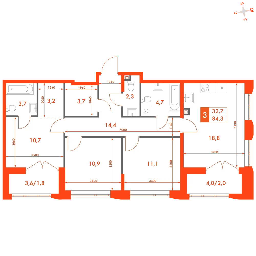 Планировка: 3-комнатная · 84,30 м²