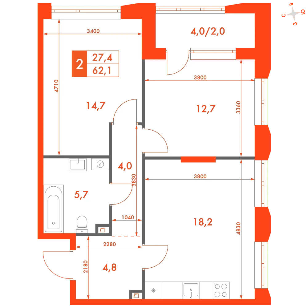 Планировка: 2-комнатная · 62,10 м²