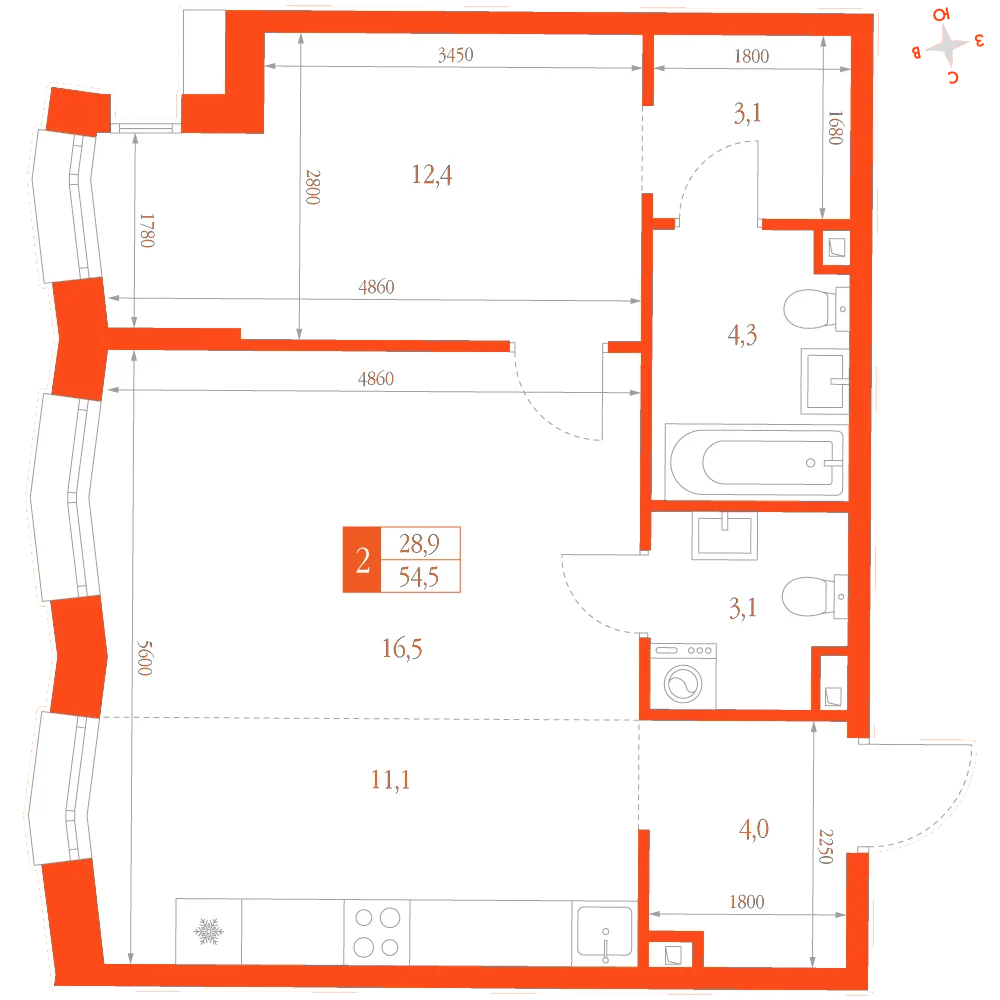 Планировка: 54,50 м² · 2 комнаты