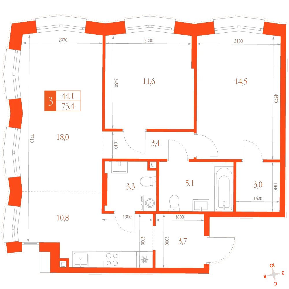 Планировка: 3-комнатная · 73,40 м²
