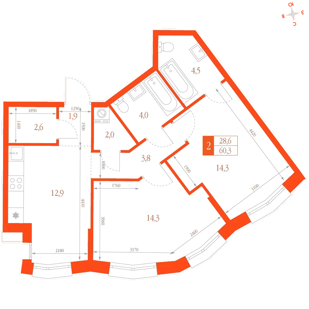 Планировка: 2-комнатная · 60,30 м²