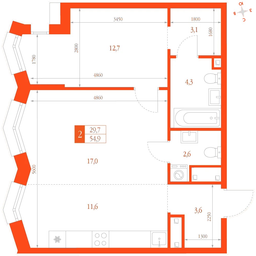 Планировка: 2-комнатная · 54,90 м²