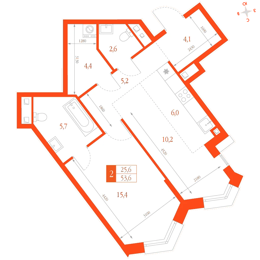 Планировка: 2-комнатная · 53,60 м²