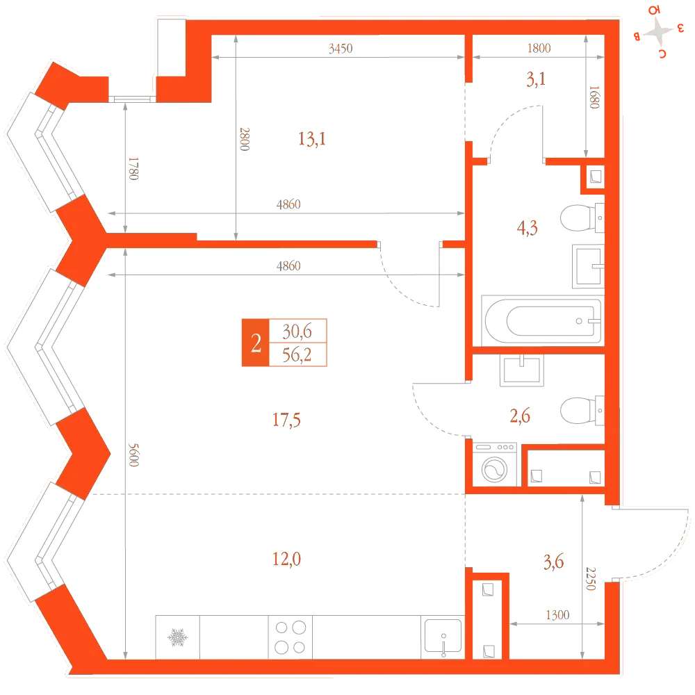 Планировка: 2-комнатная · 56,20 м²